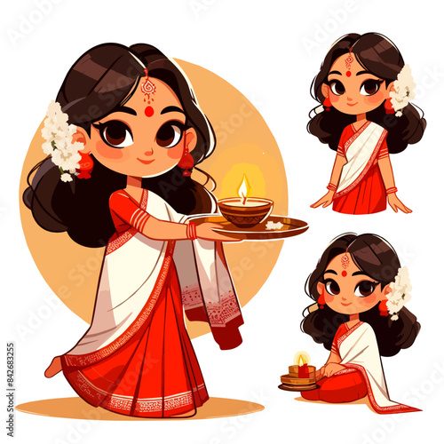 Indian women lighting diya vector illustration 