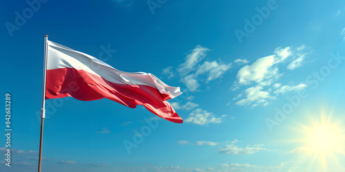 Flag of Poland waving in the wind, with a bright blue sky background photo