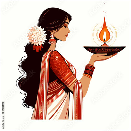 Indian women lighting diya vector illustration 