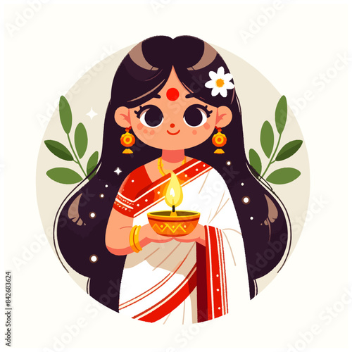 Indian women lighting diya vector illustration 