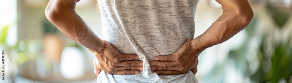 Chronic Back Pain Focus on a person showing chronic back pain with a look of long-term discomfort empty space right for text Chronic Back Pain Focus on a person showing chronic back pain with a look of long-term discomfort empty space right for text