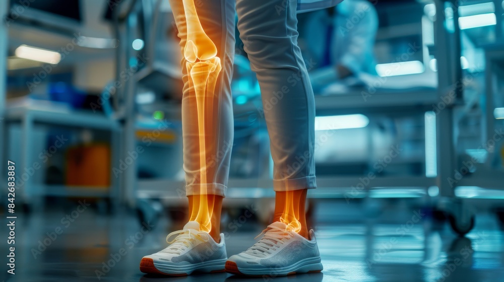 Fototapeta premium Calf pain women cleaner uniform standing with pain highlighted in the style of an Xray of the calf on screen shows signs of muscle cramp pain at cleaning site background