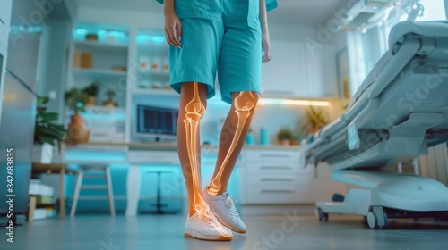 0706 27 Calf pain women cleaner uniform standing with pain highlighted in the style of an Xray of the calf on screen shows signs of muscle cramp pain at cleaning site background