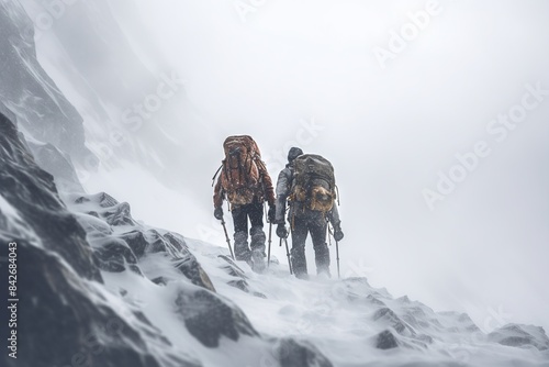 A group of people rear view making an extreme ascent to the top of the mountain in bad weather conditions, climbers in the mountains in a snowstorm.