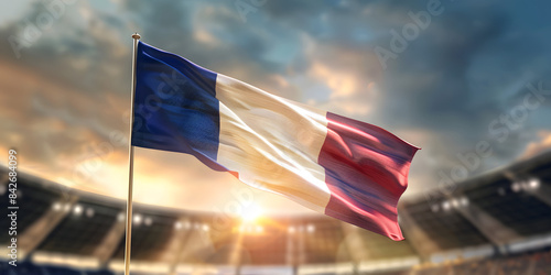 Flag of France waving in the wind, with a blurred soccer stadium in the background 