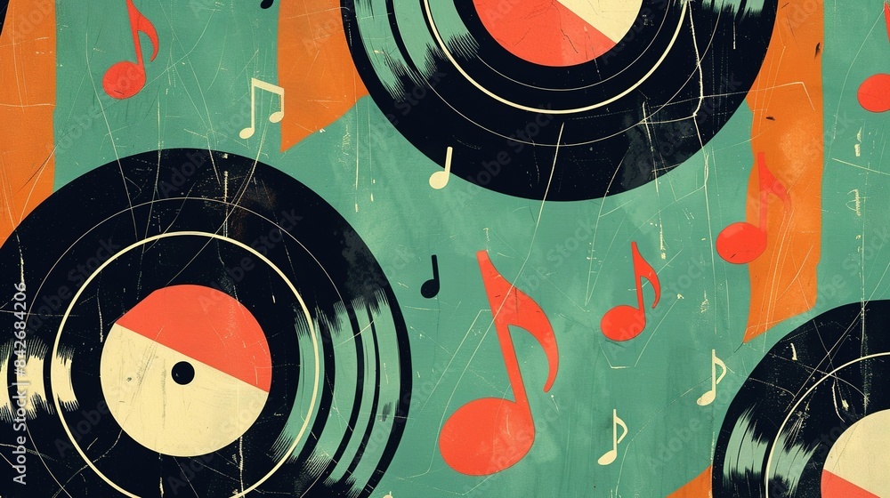 Stylized vinyl records and music notes in a 1950s-70s hybrid style