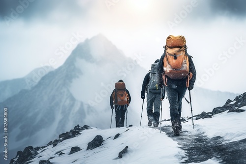 A group of people rear view making an extreme ascent to the top of the mountain in bad weather conditions, climbers in the mountains in a snowstorm.