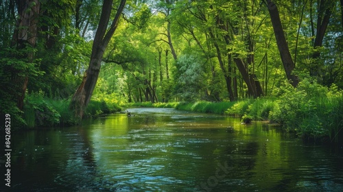 A vibrant image of a river in a nature reserve with trees lining both banks to create a cozy ambiance photo