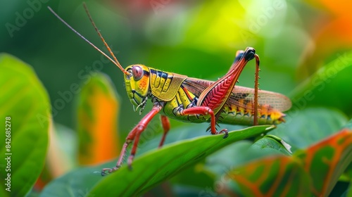 A vibrant grasshopper perched on a green leaf, ready to leap into action.