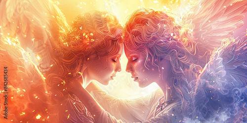 Celestial Embrace: Angels Sharing a Moment of Divine Love - Angels enveloped in radiant light, their expressions serene as they share a loving embrace, conveying the pure and unconditional love of the