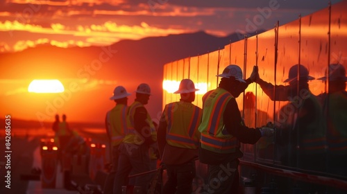 As the sun sets behind them a group of workers puts the finishing touches on the last sound barrier panel completing their weekslong installation project.