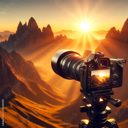 World photography day, A professional camera with a long telephoto lens mounted on a tripod, capturing a stunning mountain landscape at sunrise