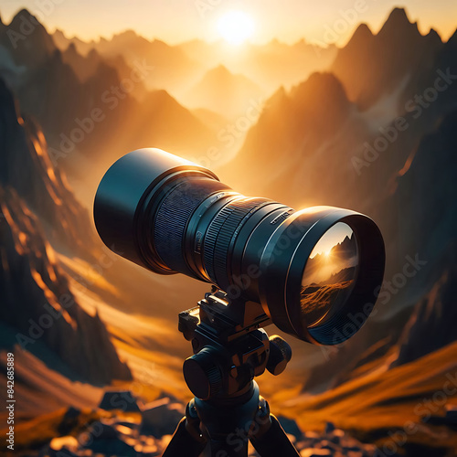 World photography day, A professional camera with a long telephoto lens mounted on a tripod, capturing a stunning mountain landscape at sunrise