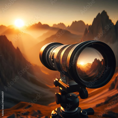 World photography day, A professional camera with a long telephoto lens mounted on a tripod, capturing a stunning mountain landscape at sunrise