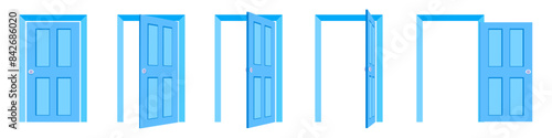 Door icons. Open door sequence. Cartoon style of entrance and exit through door.Open, close and ajar door.