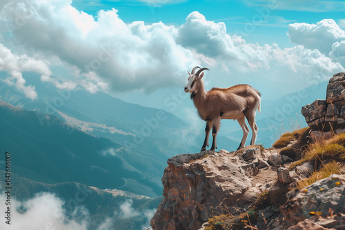 Mountain goat on the peak of a mountain