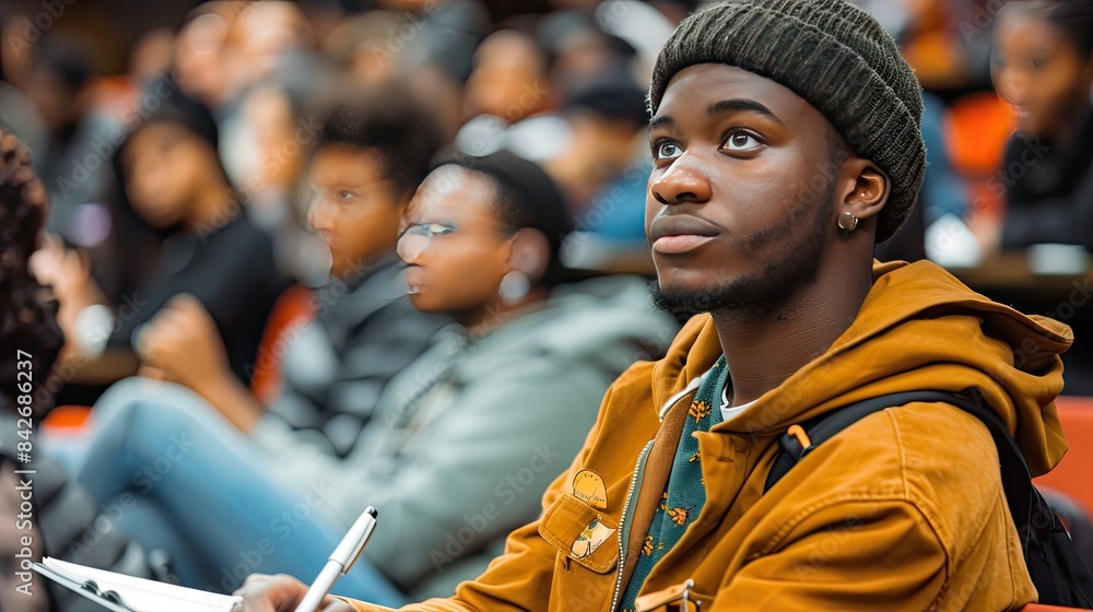 A man in a brown jacket is sitting in a classroom with other students. He is looking at the camera with a serious expression A man in a brown jacket is sitting in a classroom with other students. He is looking at the camera with a serious expression