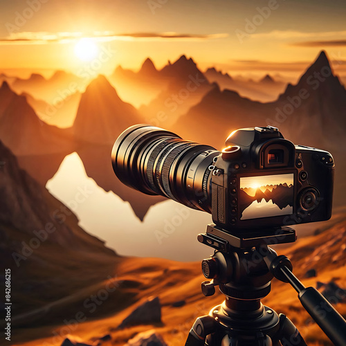 World photography day, A professional camera with a long telephoto lens mounted on a tripod, capturing a stunning mountain landscape at sunrise