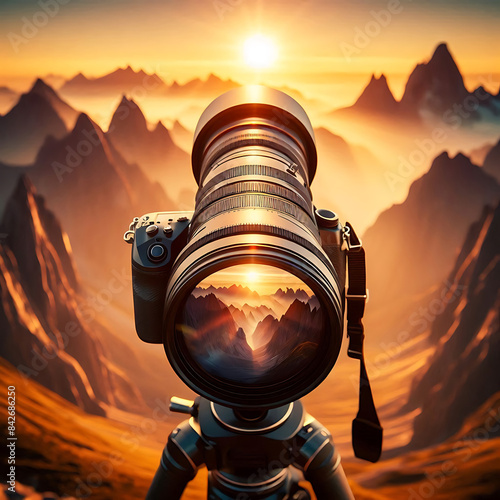 World photography day, A professional camera with a long telephoto lens mounted on a tripod, capturing a stunning mountain landscape at sunrise