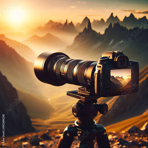 World photography day, A professional camera with a long telephoto lens mounted on a tripod, capturing a stunning mountain landscape at sunrise