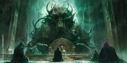 Temple of Torment: Demonic Cultists Worshiping at a Temple of Dread - Cultists kneeling before a monstrous idol, its grotesque features radiating a palpable sense of dread and malevolence photo