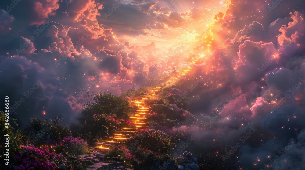 Naklejka premium Heavenly Stairs Leading to the Golden Gates of Heaven