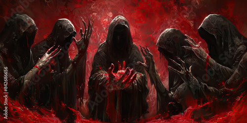 Infernal pact demonic cultists sealing a pact with blood.