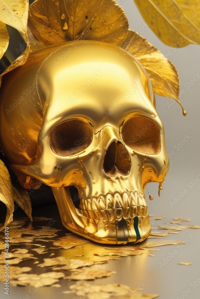 a skull with gold leaves and flowers a skull with gold leaves and flowers