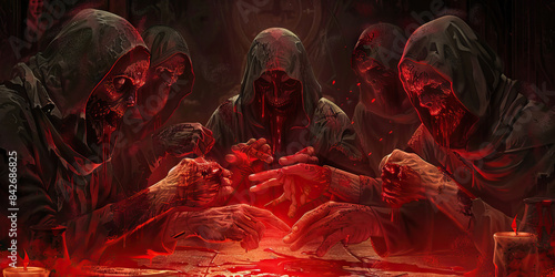 Infernal pact demonic cultists sealing a pact with blood.