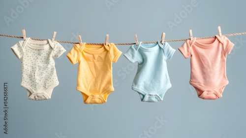 Soft and Comfy Baby Clothes Hanging on Clothesline Against Pastel Colored Background