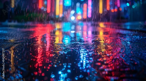 A dynamic image of city lights and traffic reflecting on a wet street surface during a rainy night