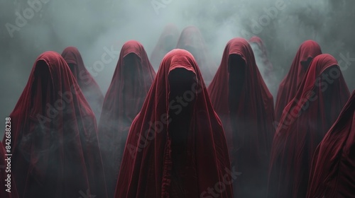 A foreboding scene with several cloaked figures enveloped in red, standing amidst a misty, mysterious atmosphere photo