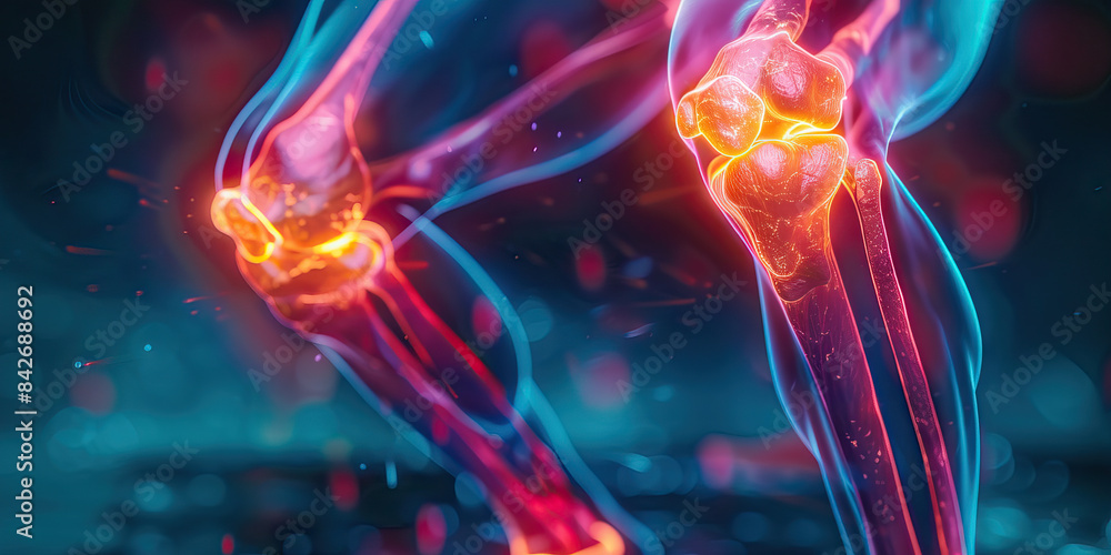 Osteoarthritis: The Joint Pain and Stiffness - Imagine a person with highlighted joints showing degeneration, experiencing joint pain and stiffness Osteoarthritis: The Joint Pain and Stiffness - Imagine a person with highlighted joints showing degeneration, experiencing joint pain and stiffness