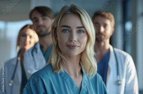 Three medical professionals standing in front of the camera, a blonde woman with blue scrubs and a stethoscope around her neck