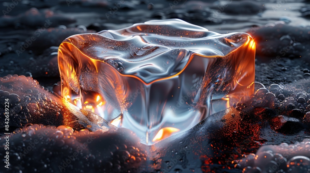 Naklejka premium Glassy orthorhombic slice with a hollowed-out center, transparent and unadulterated glassy texture, 2 mm thick, highlights with glass reflections, black background, photorealistic style, dramatic ligh