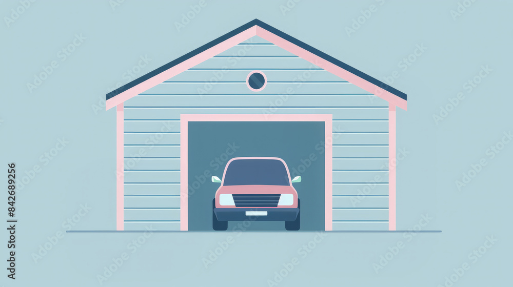 An illustration of a light blue garage with pink trim and a pink car parked inside, simple flat illustration An illustration of a light blue garage with pink trim and a pink car parked inside, simple flat illustration