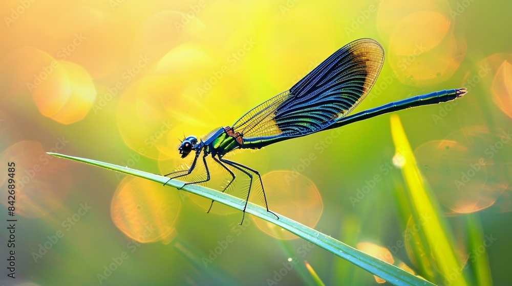 A close-up of a dragonfly perched on a blade of grass, its iridescent wings catching the sunlight, Generative AI A close-up of a dragonfly perched on a blade of grass, its iridescent wings catching the sunlight, Generative AI