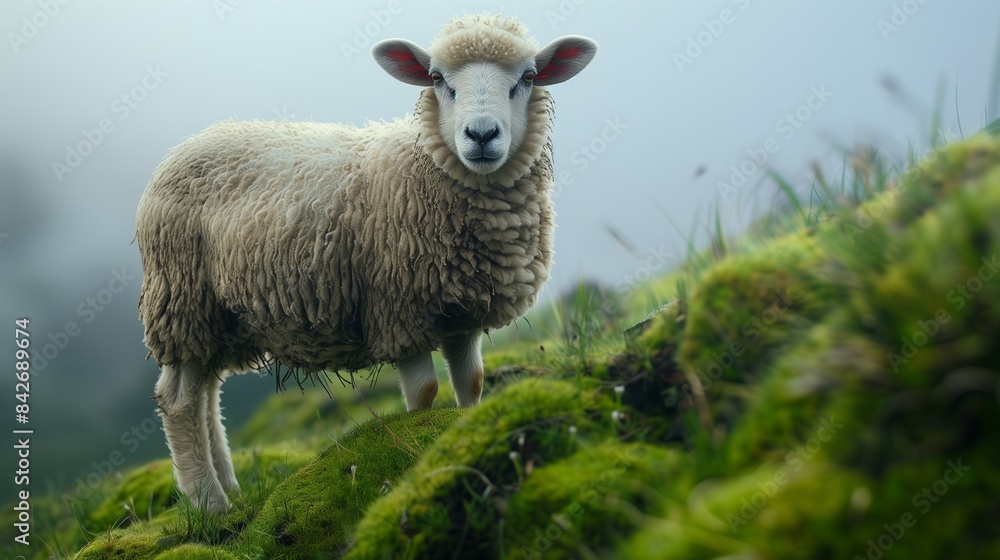 A sheep standing on a hillside covered in grass. A sheep standing on a hillside covered in grass.