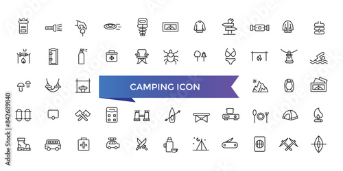 Camping icon collection. Camp, tent, fishing, nature, picnic table, forest, campfire, hiking and more. Vector Line icons set.