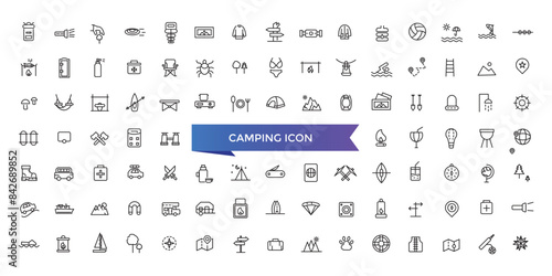 Camping icon collection. Camp, tent, fishing, nature, picnic table, forest, campfire, hiking and more. Vector Line icons set.