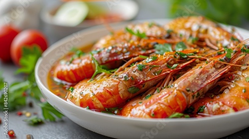 Succulent grilled prawns decorated with vibrant fresh herbs on a ceramic plate, surrounded by ingredients