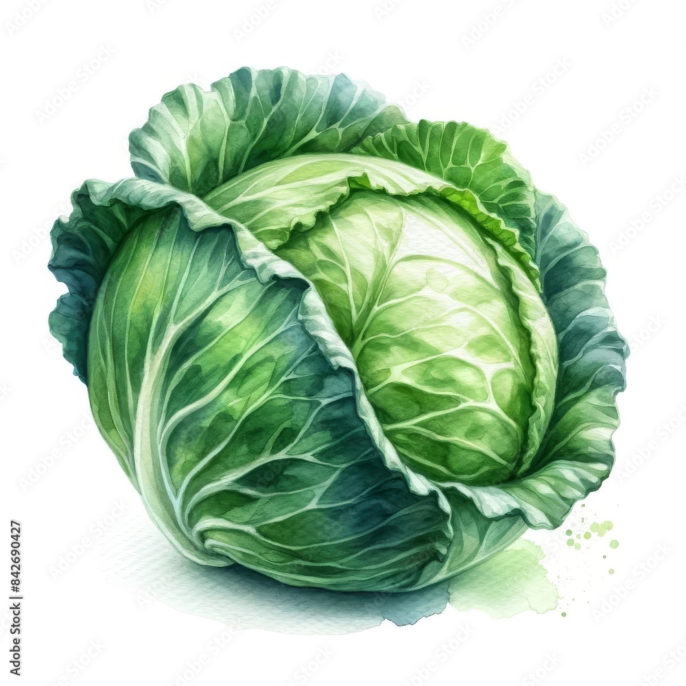 Fototapeta premium A detailed watercolor illustration of a fresh green cabbage with tightly layered leaves, isolated on a white background.