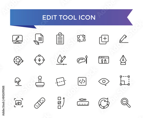 Edit tool icon collection. Related to editor, create, adjust, note, compose, revision, cut, duplicate, pen and document icons. Line icon set.