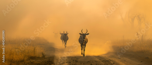 Antelope silhouetted by the golden  dusty light of sunrise.