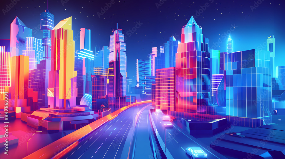 Brightly colored cityscape with skyscrapers at night Brightly colored cityscape with skyscrapers at night