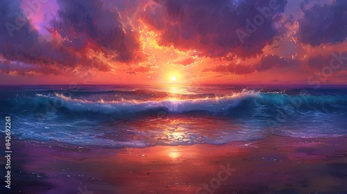 Breathtaking Sunset Over Tranquil Ocean Waves Lapping at Sandy Shore