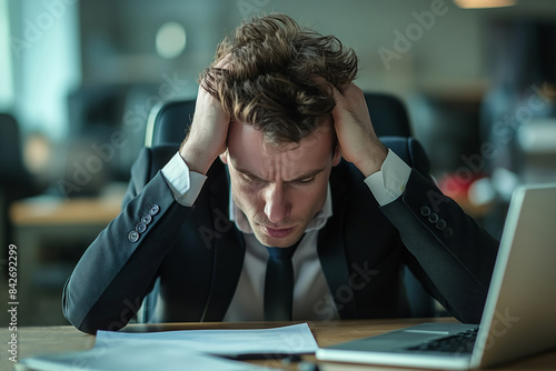 A distraught businessman in a business suit holds his head in his hands as he sits in his office - workplace stress