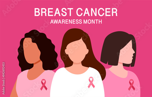 Woman breast cancer awareness month concept vector illustration. Females with pink ribbon logo on dress in flat design.