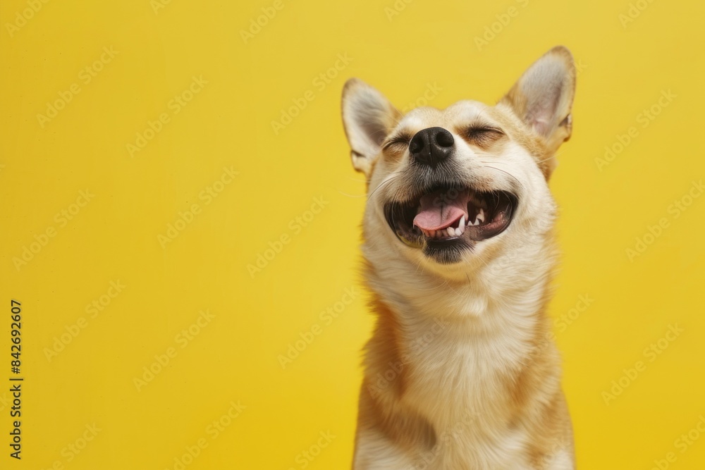 Smiling dog against yellow background Smiling dog against yellow background