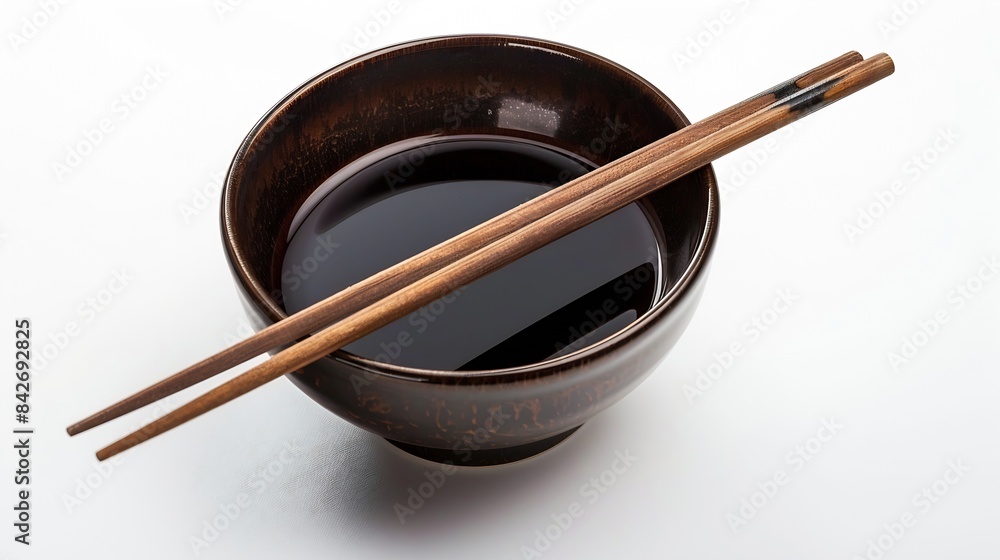 Bowl with tasty soy sauce and chopsticks on white background : Generative AI Bowl with tasty soy sauce and chopsticks on white background : Generative AI